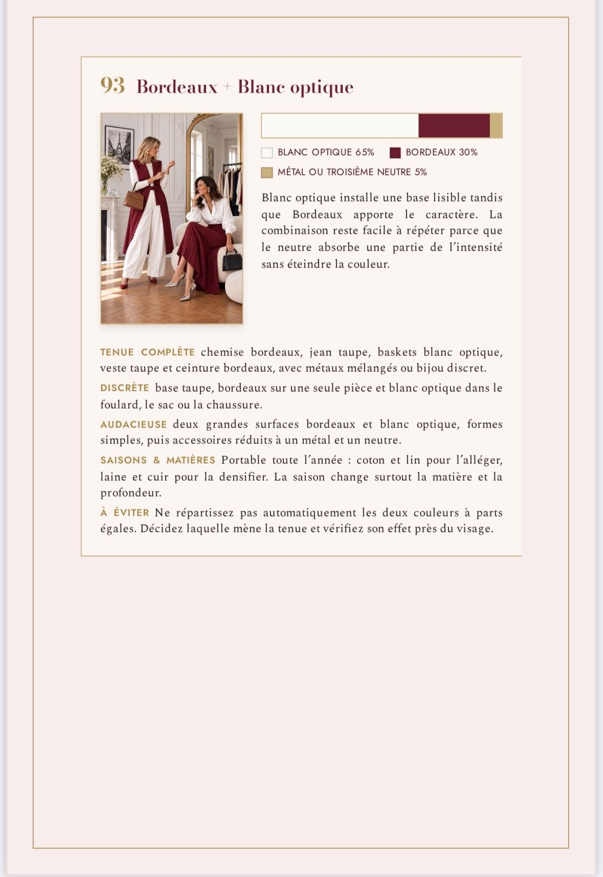 Page du livre consacrée à l’association bordeaux et blanc optique