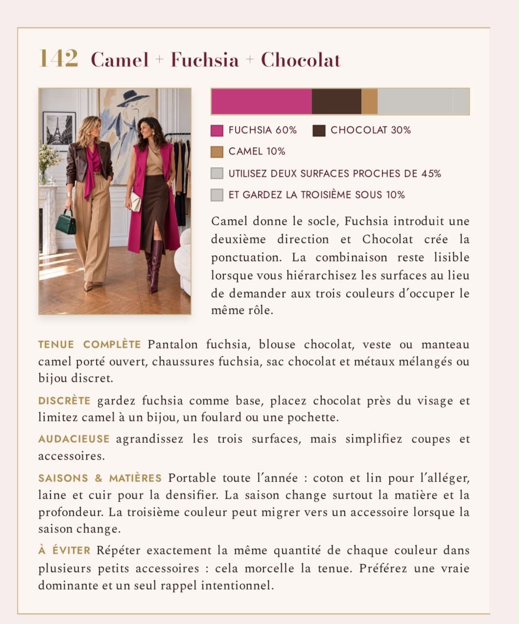 Page du livre consacrée à l’association camel, fuchsia et chocolat