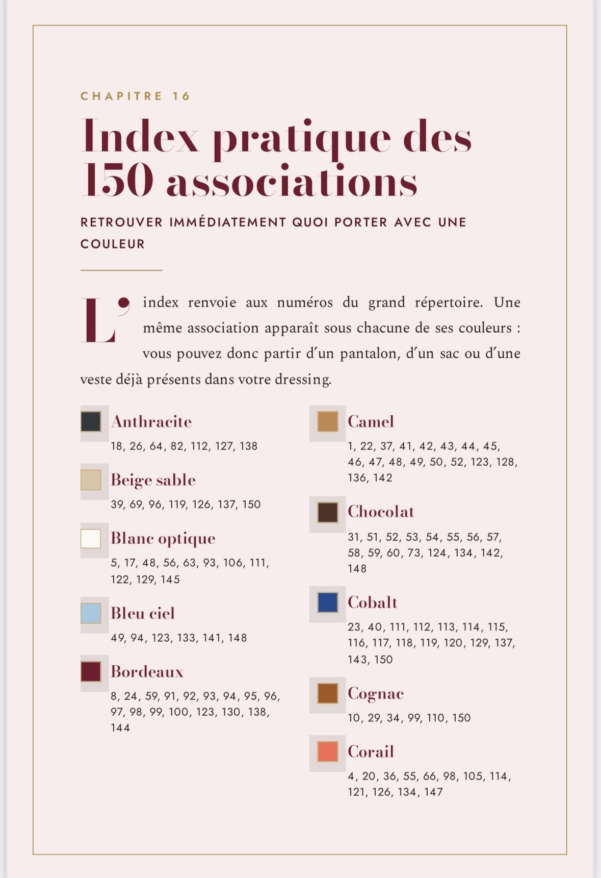 Index pratique des 150 associations de couleurs du livre