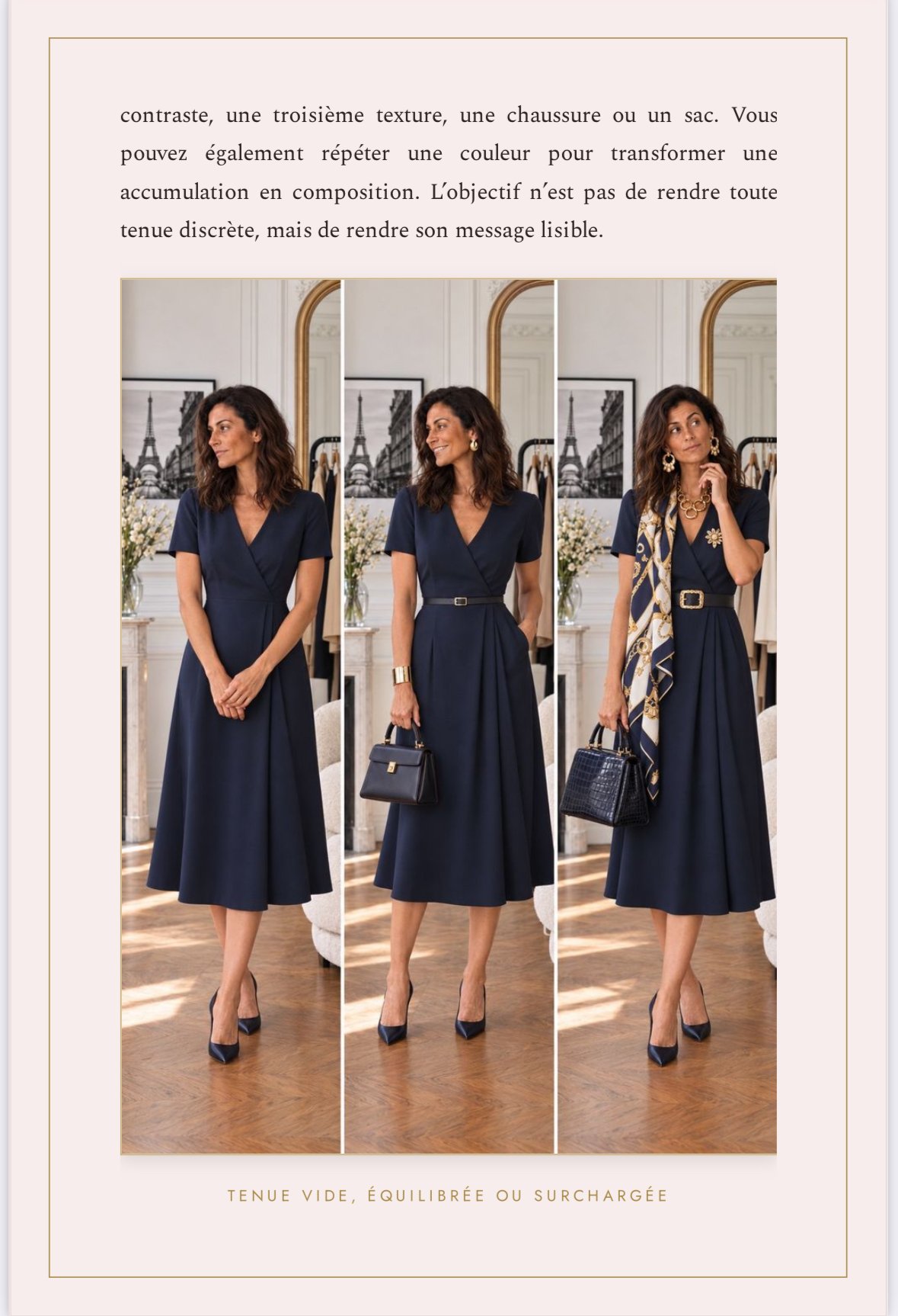 Page du livre comparant une tenue vide, équilibrée et surchargée
